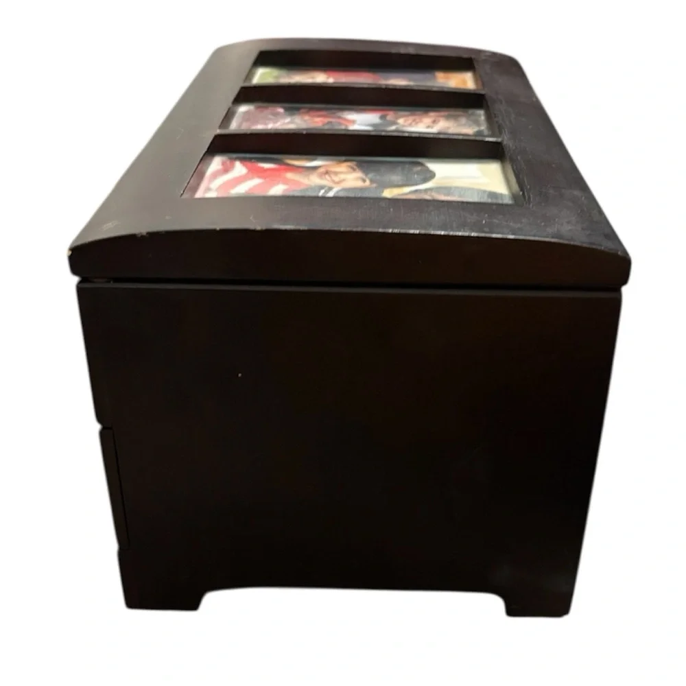 Vintage Dark Wood Jewelry Box 2-Drawer Glass Lid Trinket Organizer Picture Frame